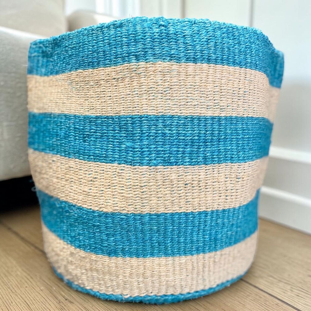 Handwoven Sisal Storage Basket Boho Decor Laundry Toy Bin Natural Blue Accent